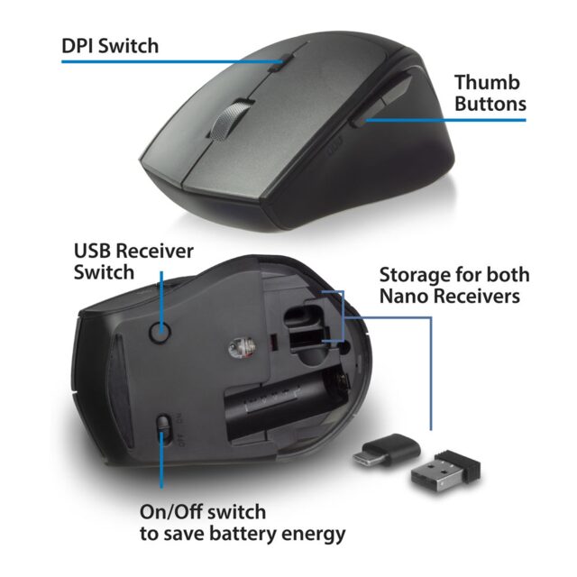 ACT Draadloze dual-connect muis, 1000 tot 2400 dpi met stille klik, zwart