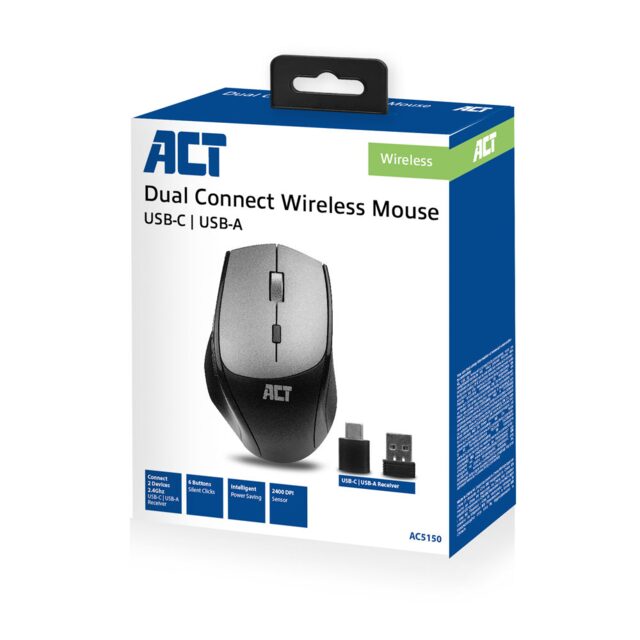 ACT Draadloze dual-connect muis, 1000 tot 2400 dpi met stille klik, zwart