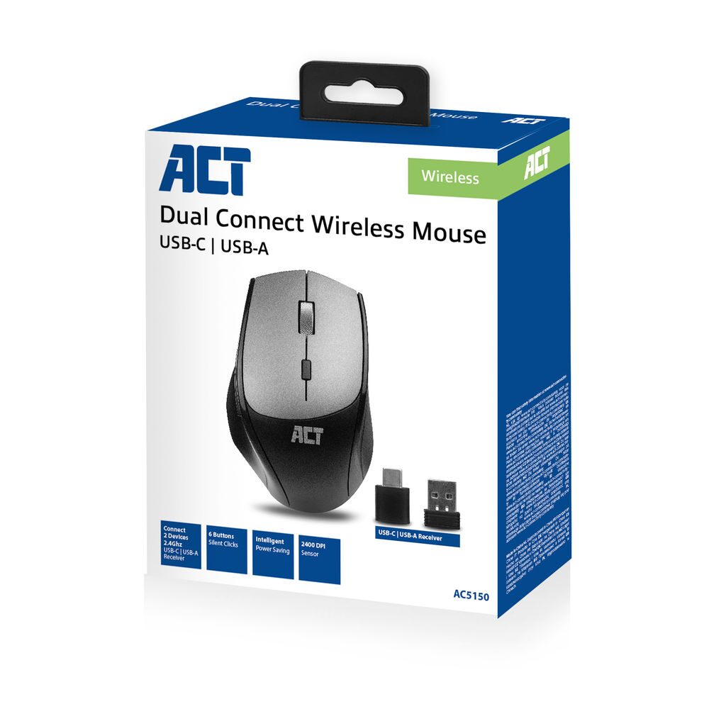 ACT Draadloze dual-connect muis, 1000 tot 2400 dpi met stille klik, zwart