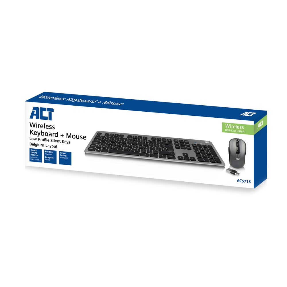 ACT Wireless Keyboard and Mouse set, USB-C/USB-A combi receiver (Azerty/BE layout)