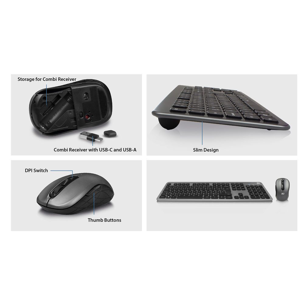 ACT Wireless Keyboard and Mouse set, USB-C/USB-A combi receiver (Azerty/BE layout)