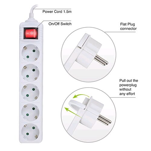 Ewent Stekkerdoos met verlichte schakelaar en platte stekker, 5 sockets, 1.5m, wit